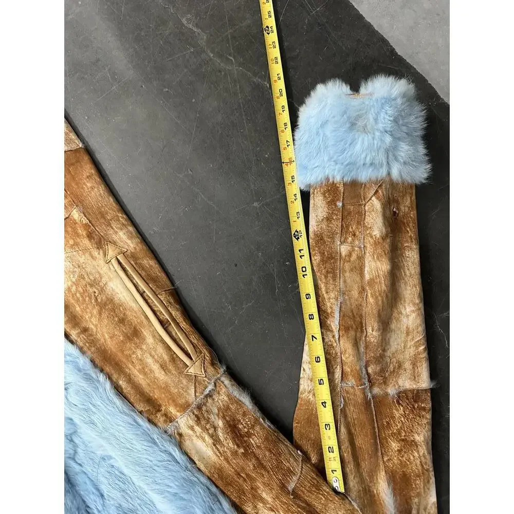 Vintage Long Rabbit Fur Trimmed Coat with Blue Accents - Size small to medium - Picture 6 of 8